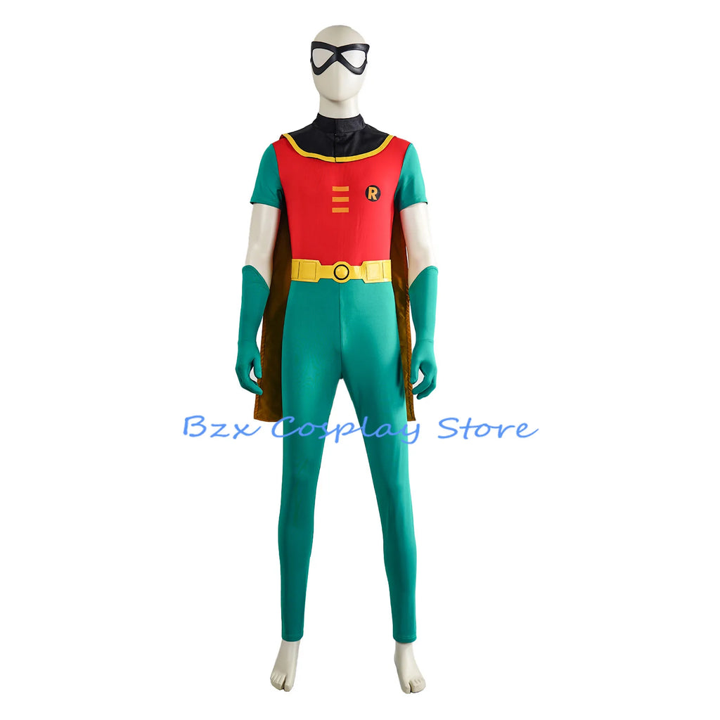 Film Fantasy Robin Cosplay Costume Adult Men Green Jumpsuit Cloak Belt Gloves Eyemask Suit Halloween Party Hero Robin Outfits