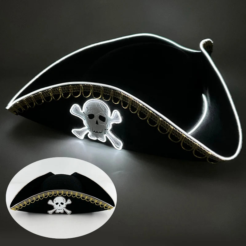 LED Pirate Hat Pirate Theme Holiday Cosplay Pirate Costume Decorations Glowing Captain Hat Colonial Tricorn Hat Woman Skull Hat