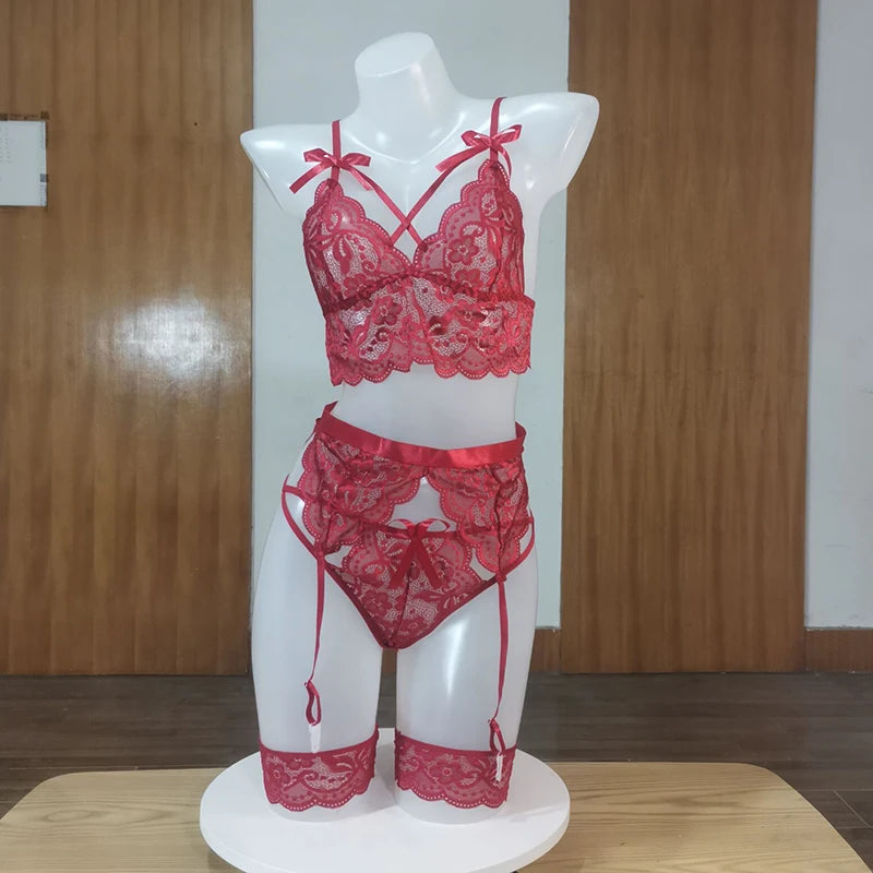Sexy Erotic Lingerie Women Bra and Panty Garters 3pcs See Through Lingerie Sets Sexy Women's Underwear Set Porn Sexy Lingerie