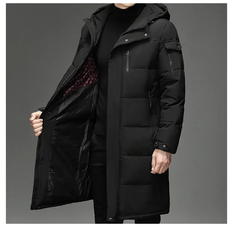 New Fashion Men 90% White Duck Down Hooded Jackets Men's Winter Thick Warm Waterproof Parka Overcoat Down Jackets Long Parka 5XL