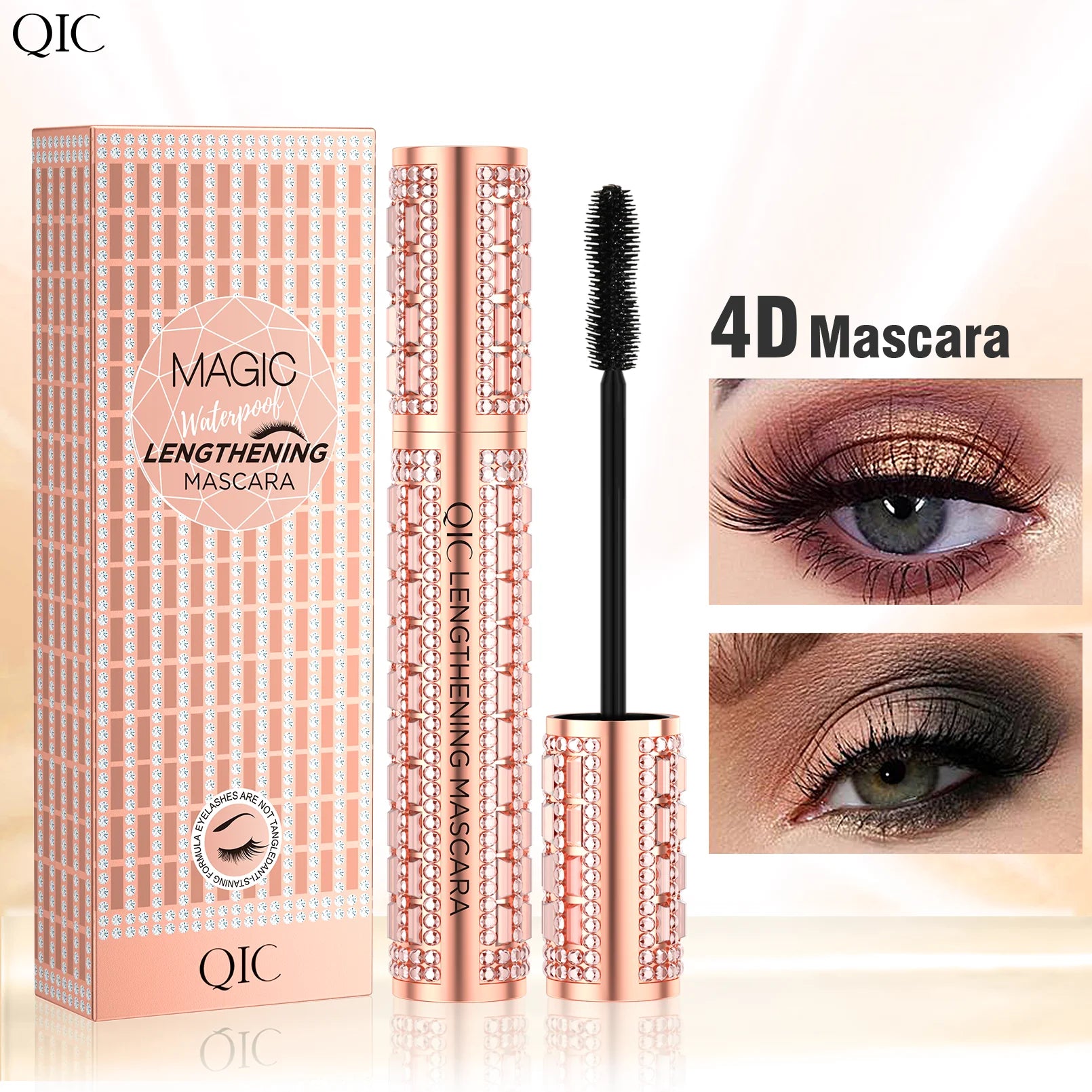 QIC Fashion Diamond 4D Mascara Waterproof Eye Make-up Cosmetics Peanut Silicone Brush Lengthening Curl Lashes Fast Dry