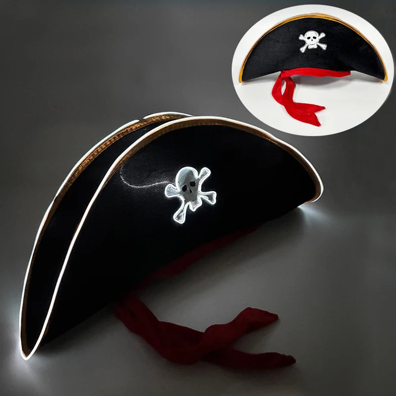 LED Pirate Hat Pirate Theme Holiday Cosplay Pirate Costume Decorations Glowing Captain Hat Colonial Tricorn Hat Woman Skull Hat