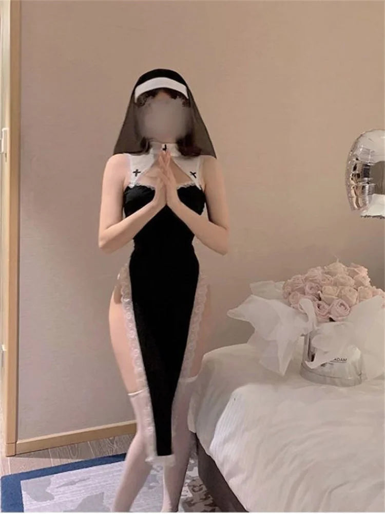 Hot Cosplay Nun Sister Costumes For Women Sleeveless Crotchless Dress Cos Maid Uniform Nightgowns Girl Role Play Erotic Costume