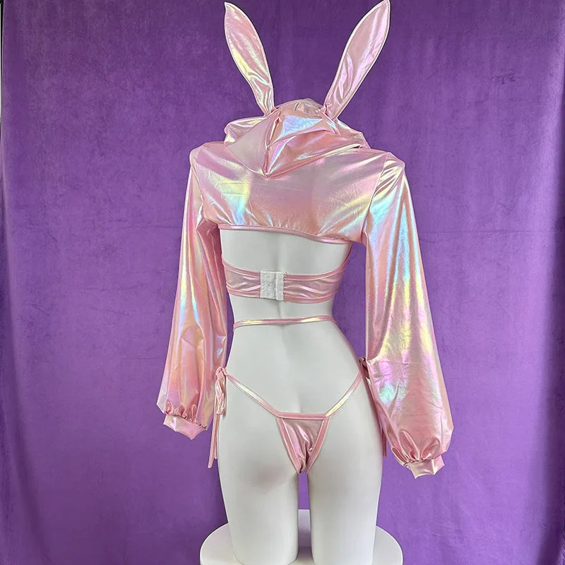 Anime Bunny Girl Cosplay Costume Women Laser Leather Sexy Lingerie Rabbit Maid Uniform Underwear Suit Halloween Carnival Clothes