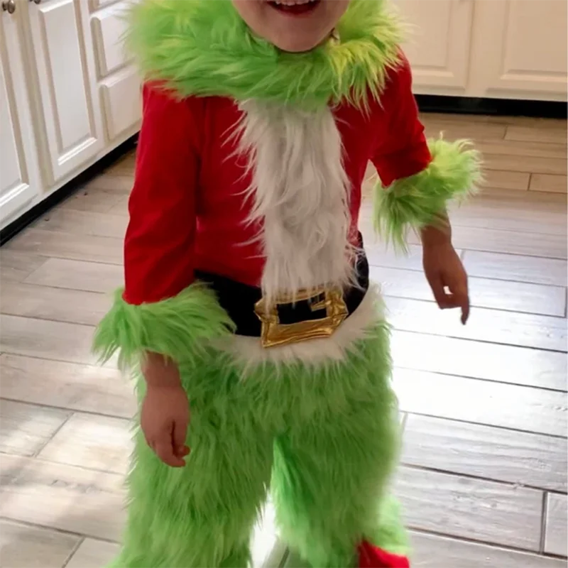 Little Kids Boys Girls Christmas Cosplay Costume Green Furry Monster Hooded Santa Claus Tops Green Fuzzy Pants Set