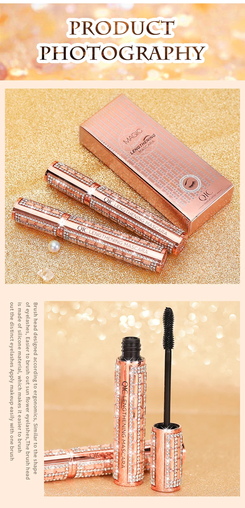 QIC Fashion Diamond 4D Mascara Waterproof Eye Make-up Cosmetics Peanut Silicone Brush Lengthening Curl Lashes Fast Dry