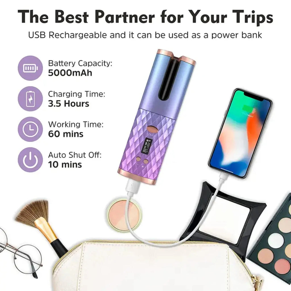 Ceramic Cordless Automatic Hair Curling Iron with 6 Temperature and Timer Settings for Fast, Portable Rechargeable Auto Curling