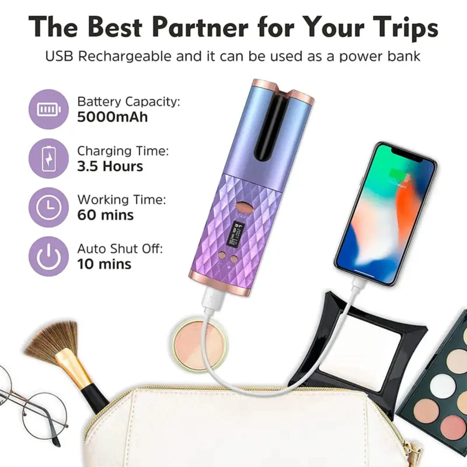 Ceramic Cordless Automatic Hair Curling Iron with 6 Temperature and Timer Settings for Fast, Portable Rechargeable Auto Curling