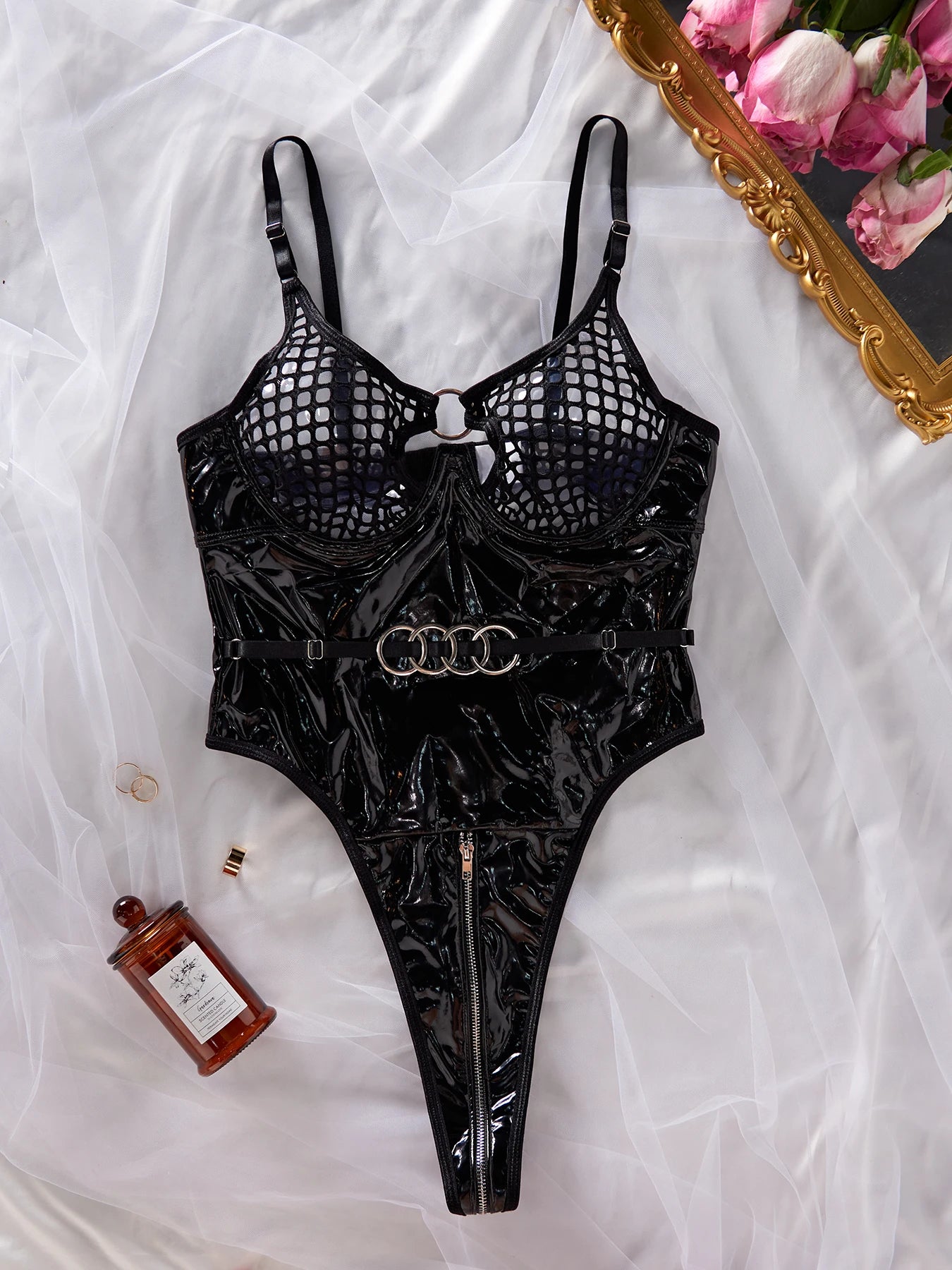 2024 Sexy Erotic Lingerie Set Corset Woman  Leather Bodysuit Zipper Open Crotch Rompers Mesh Sheer Hollow Out Female Underwear