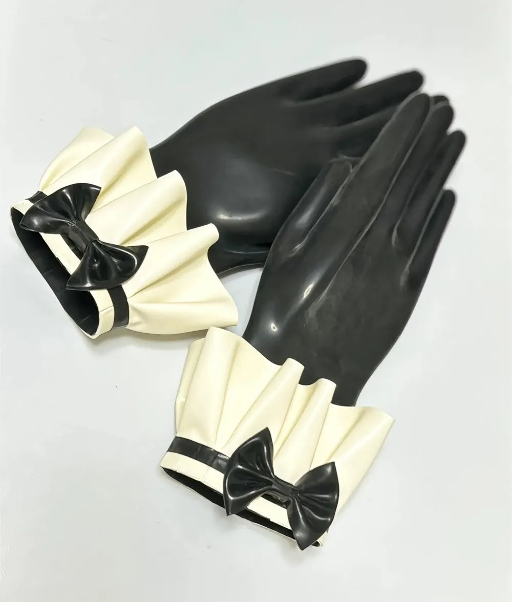 Sexy Black Fetish Latex Gloves Wrist Length with Lace and Bow