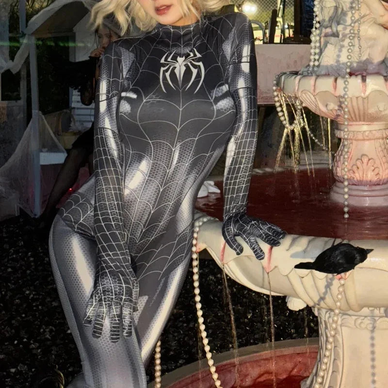 Good Quality Superhero Female Spider Man Cosplay Tight Jumpsuit Black Spider Sexy Cosplay Costume Halloween Party Costume Mask