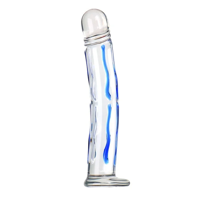 New Large Transparent Glass Blue Striped Dildo,18+ Adult Sex Toy, Clitoral Stimulation Masturbator, G-spot Orgasm Massage Wand