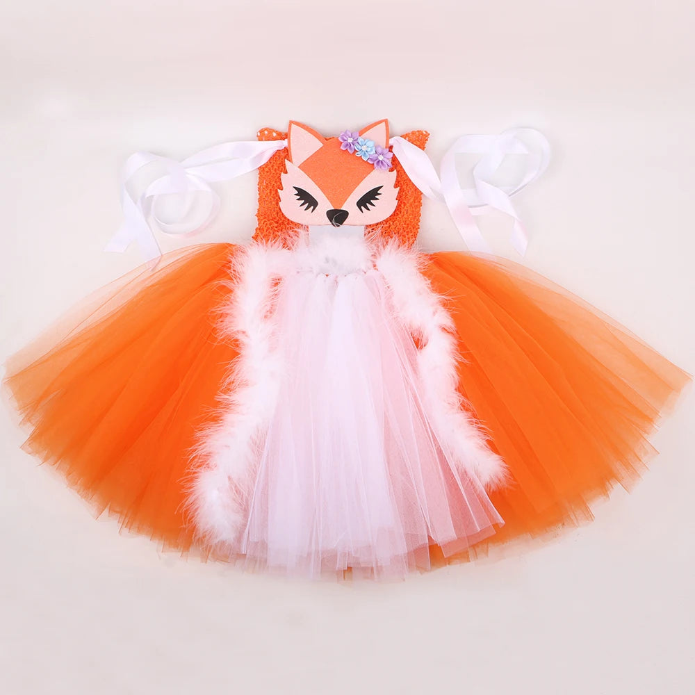 White Orange Fox Halloween Costumes for Girls  Animal Cosplay Tutu Dress with Ears Children Birthday Carnival Party Outfits