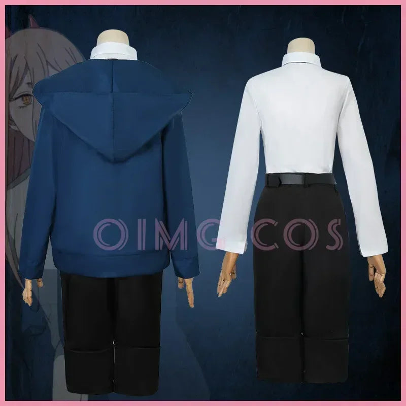 Power Cosplay Costume Chainsaw Man Outfits Blue Suit Shirt Tie Short Neck Ring Wig Women Anime Uniform Halloween