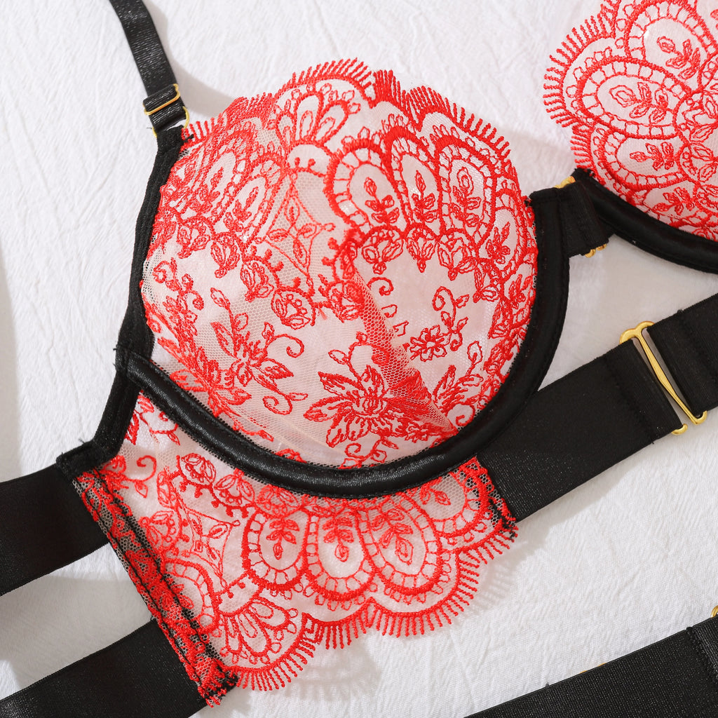 2024 New Erotic Set See-Through Embroidered Sexy Eyelash Lace Body Shaping Lingerie Four-Piece Set Women Onlyfan