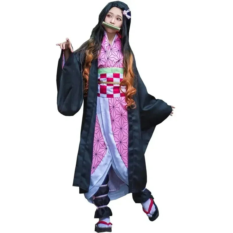 Anime Cosplay Kimetsu No Yaiba Kamado Nezuko Costume Kimono Demon Slayer Cosplay Wigs Hairs Halloween Carnival Women Outfit