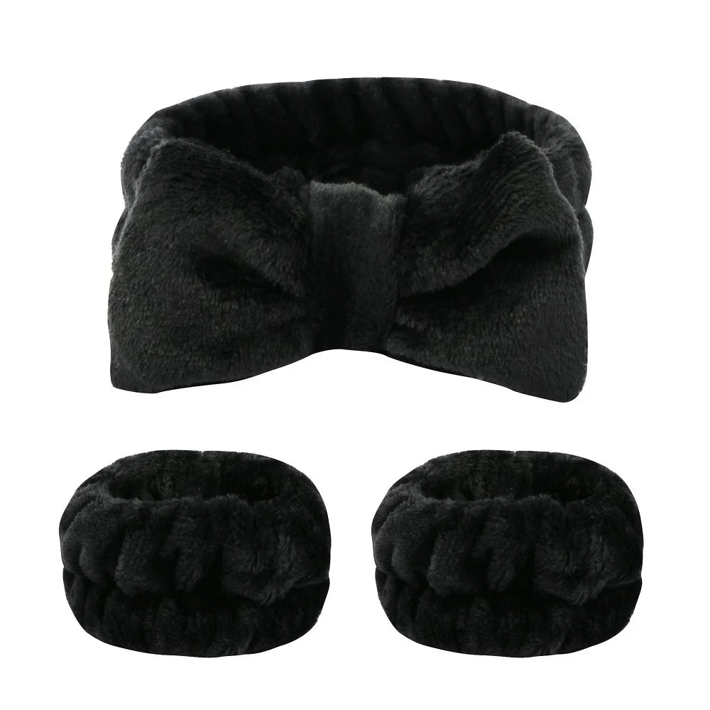 Flannel front bow elastic headband face wash and makeup headband waterproof wrist cover hair tie headband
