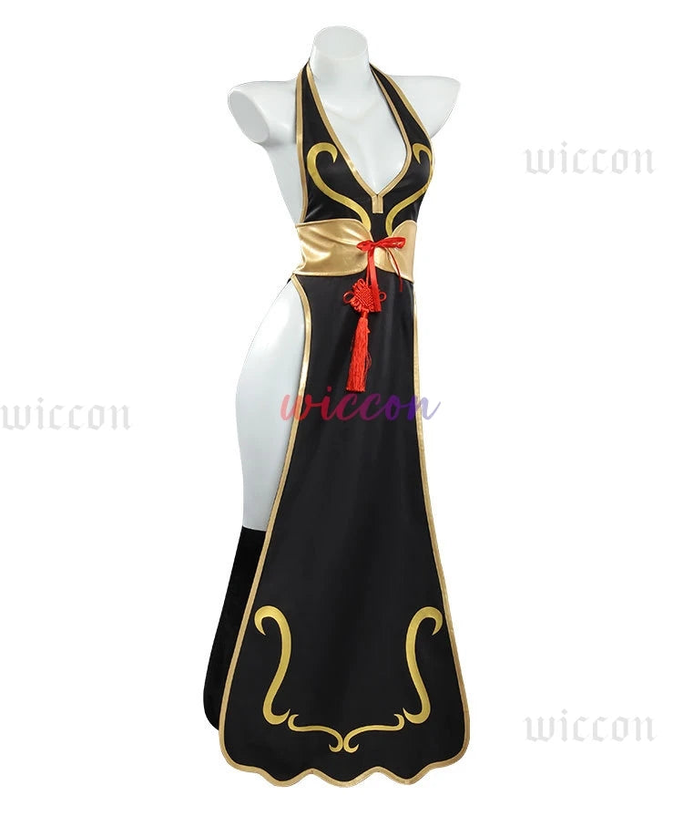 Chun Li Game Street Cosplay Costume Black Battle Dress Fighter Chinese Style Cheongsam Woman Adult Wig Blue Halloween Party