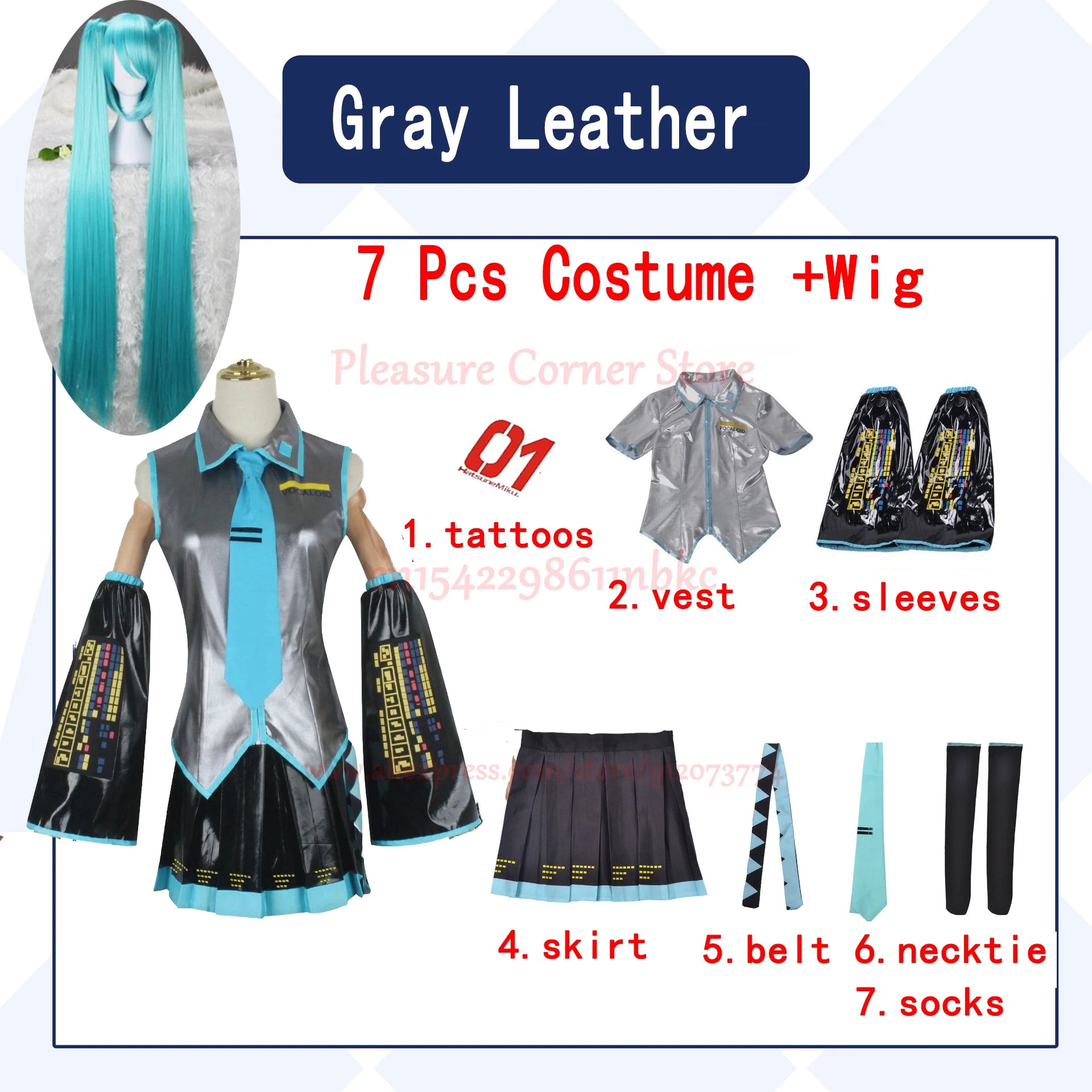 Miku Cosplay Full Set Silver Grey Patent Leather Fabric Suit Miku Cosplay Shoes Headwear Costume Outfit JK uniform Cosplay