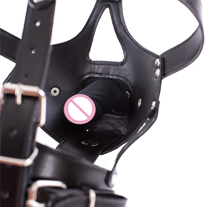 Leather fetish headwear, mask, hood holder, dildo, mouth plug, BDSM, bondage, porn, adult cosplay, male, female and gay sex toys
