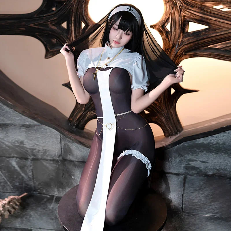 Halloween Religious Church Nun Cosplay Costume Sister Women's Suspender Black Silk See-through Bodysuit Jumpsuit For Nightclub