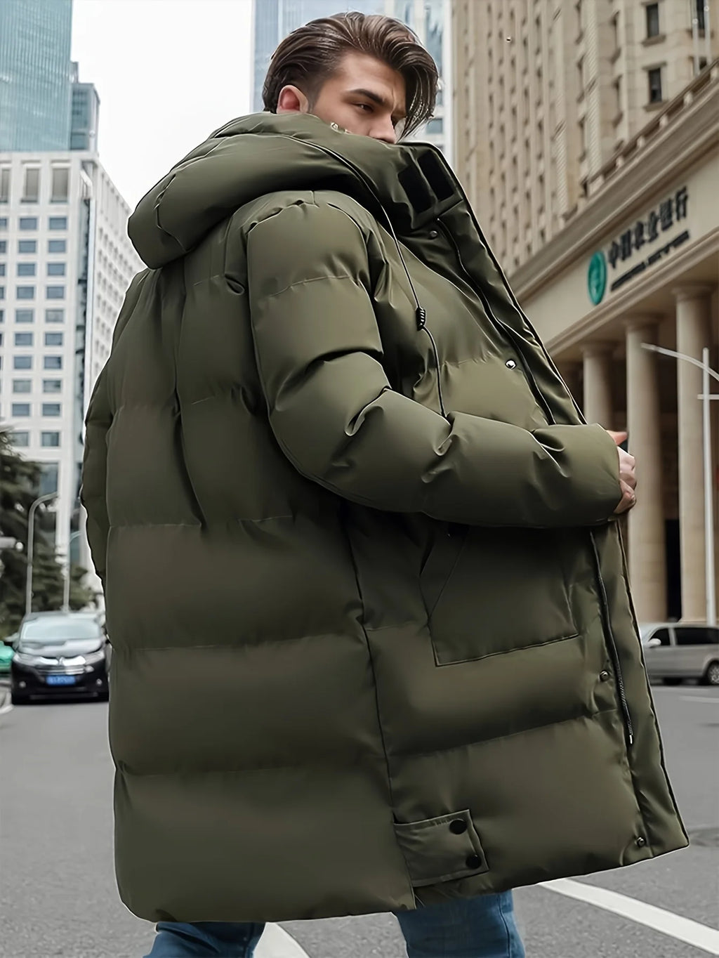 Men's Winter Hooded Full-Zip -Padded Jacket - Windproof Coat with Full-Length Zipper- Cold Weather Outdoor Clothing for Skiing