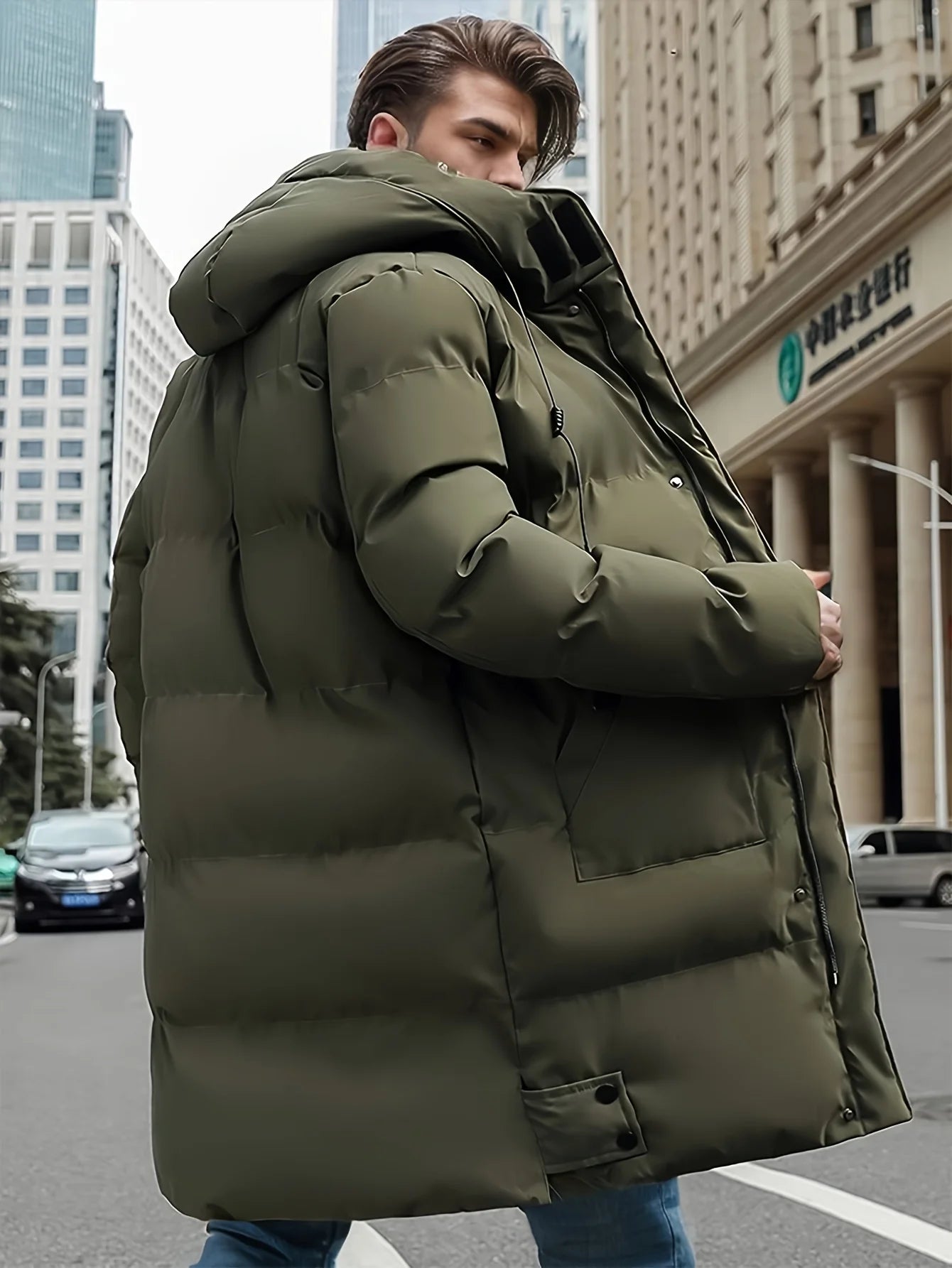 Men's Winter Hooded Full-Zip -Padded Jacket - Windproof Coat with Full-Length Zipper- Cold Weather Outdoor Clothing for Skiing