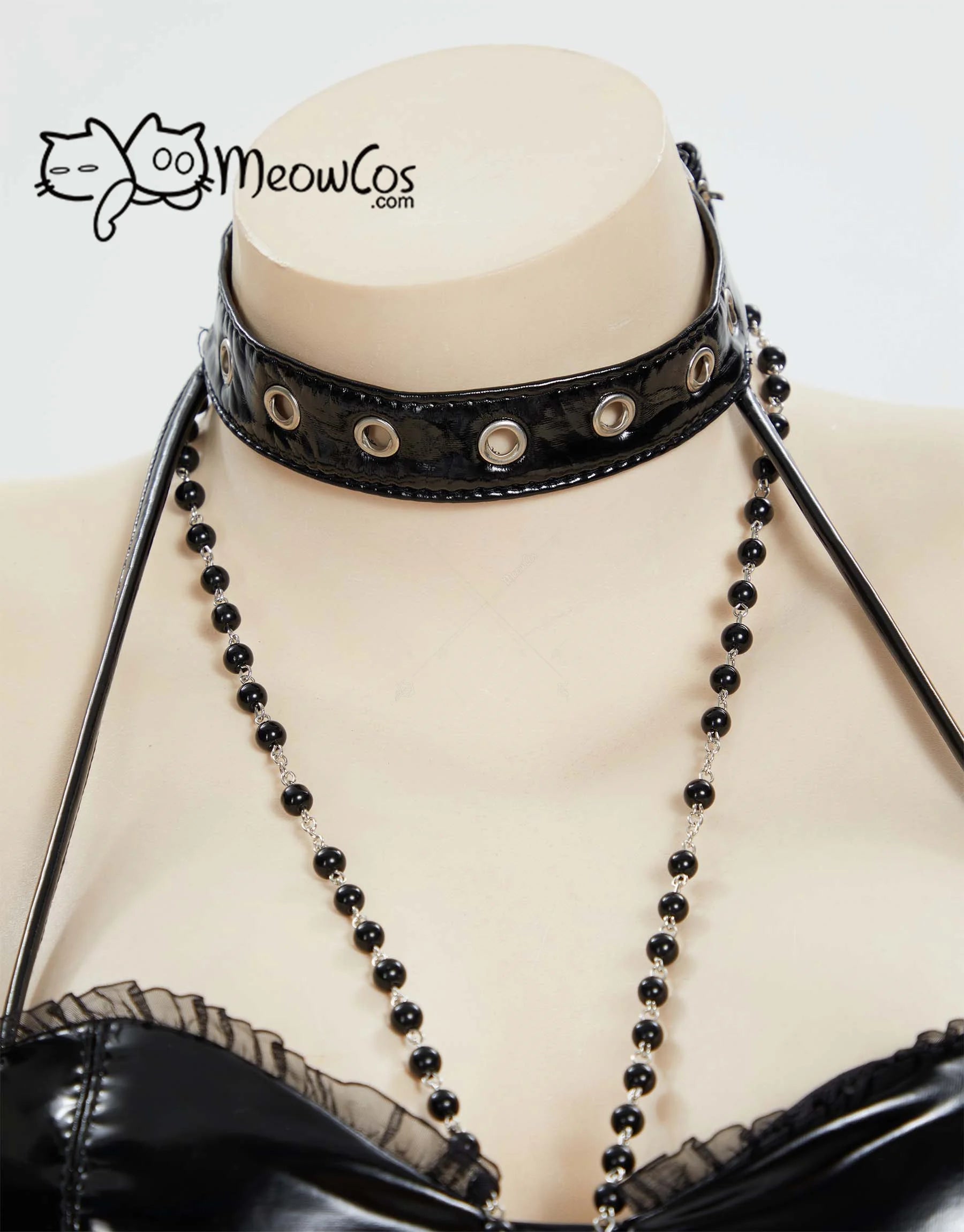 Meowcos Miss Misa Cosplay Costume Women  Halloween Gothic  Black Lace-up Corset Top and Skirt with Net Stockings and Sleeves