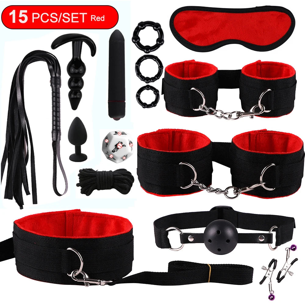Sex Toys BDSM Bondage Set Erotic Bed Games Handcuffs Ankle Nipple Clamps Whip Spanking Slave Collars Adults Sex Game For Couples