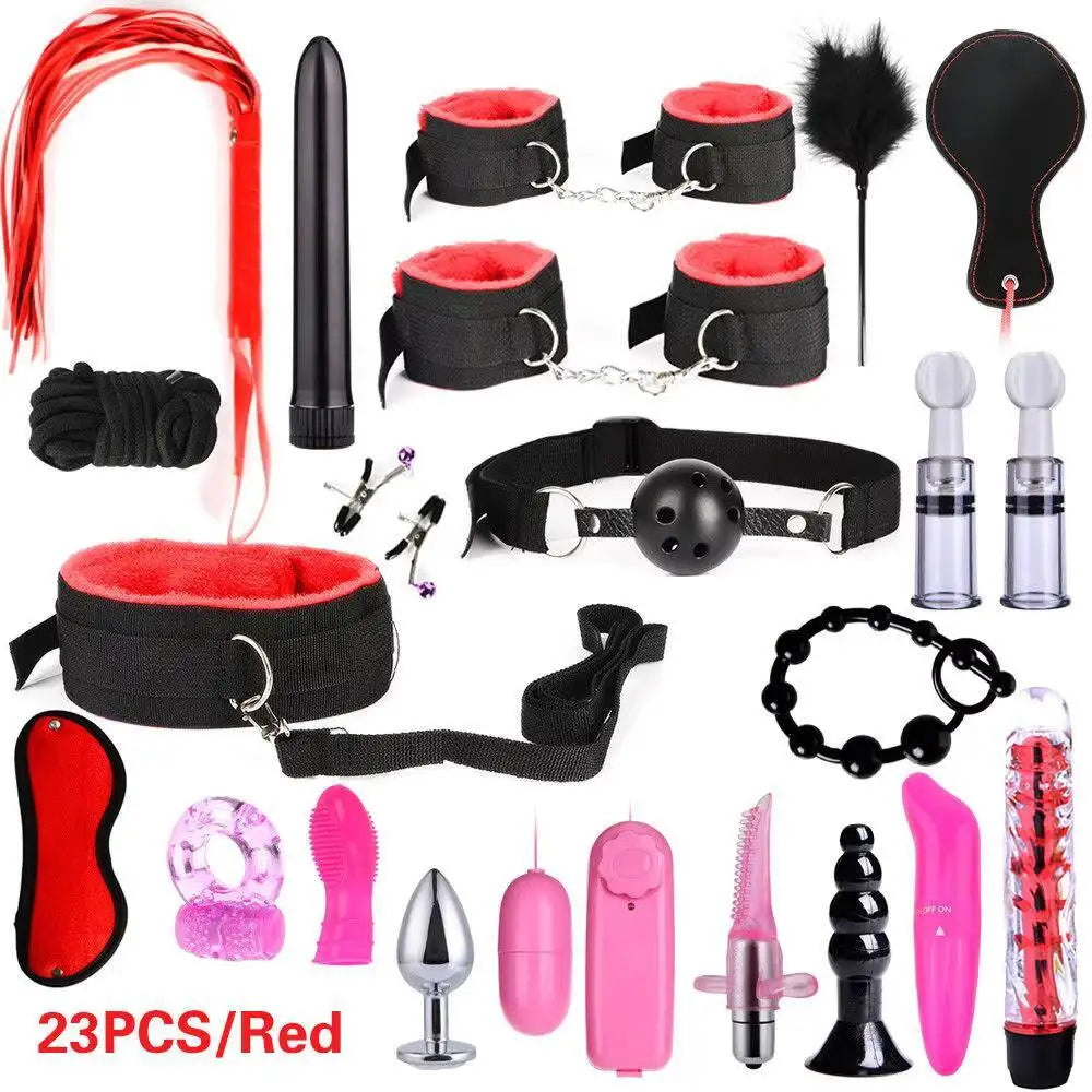 23Pcs Products Exotic Accessories Erotic Bondage Set Handcuffs Nipple Clips Whip Rope BDSM Tube Female Sex Toys %