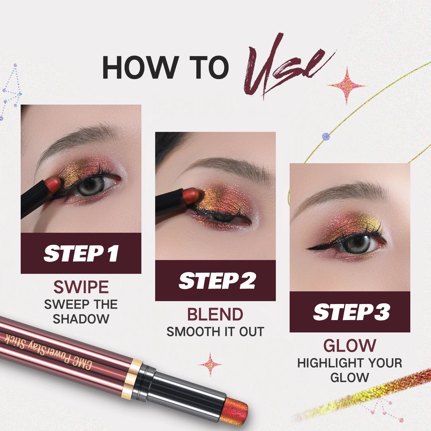 CHARMACY New Multichrome Eyeshadow Stick with Sponge Waterproof Long Lasting Glitter Eye Professional Maquillaje for Women