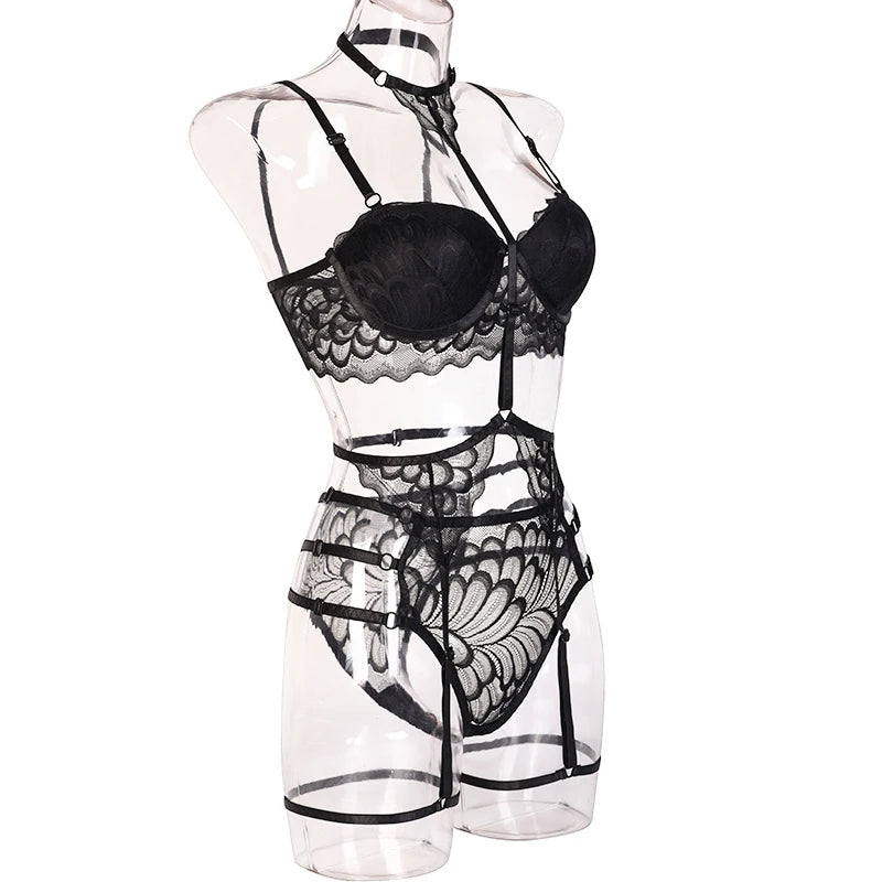 Erotic Lingerie Sets For Women Lace Garters Transparent Bra And Panty Set Female Porno Costumes Deep V Halter Sexy Underwear Set