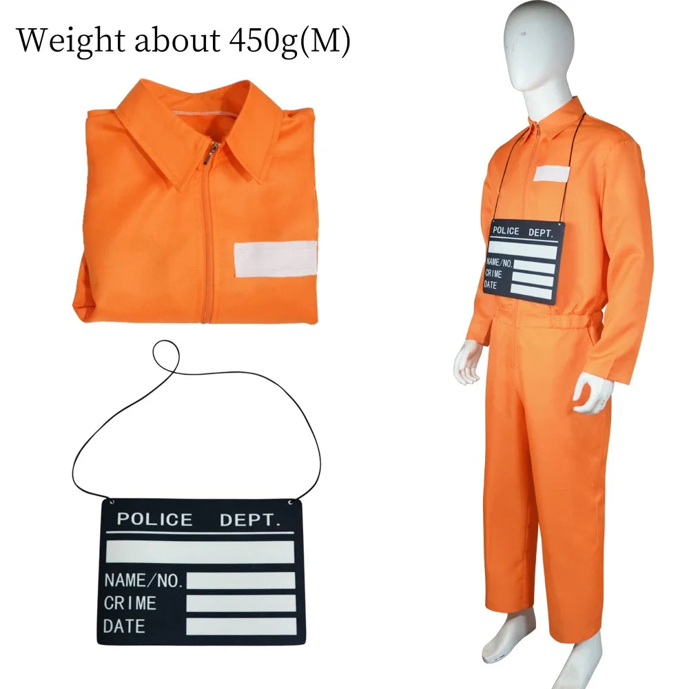 Male Prison Cosplay Costume Long Sleeves Jumpsuit Bodysuit Inmate Orange Set Adult Convict Party Uniform Amusement Outfits