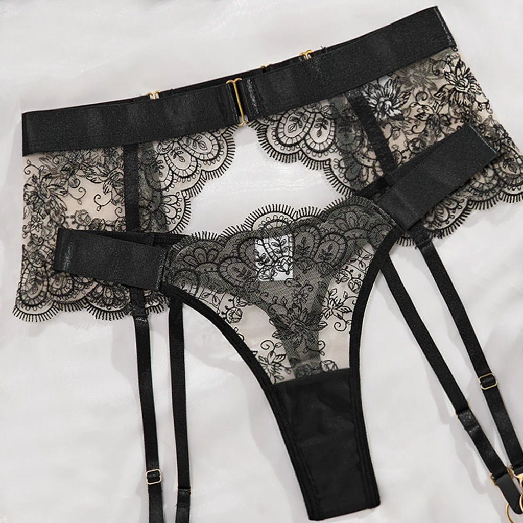 New Erotic Set See-Through Embroidered Women Lingeries Sexy Eyelash Lace Body Shaping Lingerie Four-Piece Set Sexy Hot