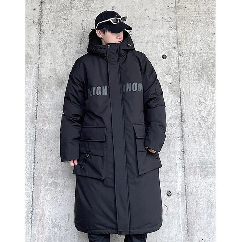 Techwear Down Cotton Jacket Men's Oversize Mid Length Workwear Cold Weather Clothing Winter Pockets Thick Hooded Parkas