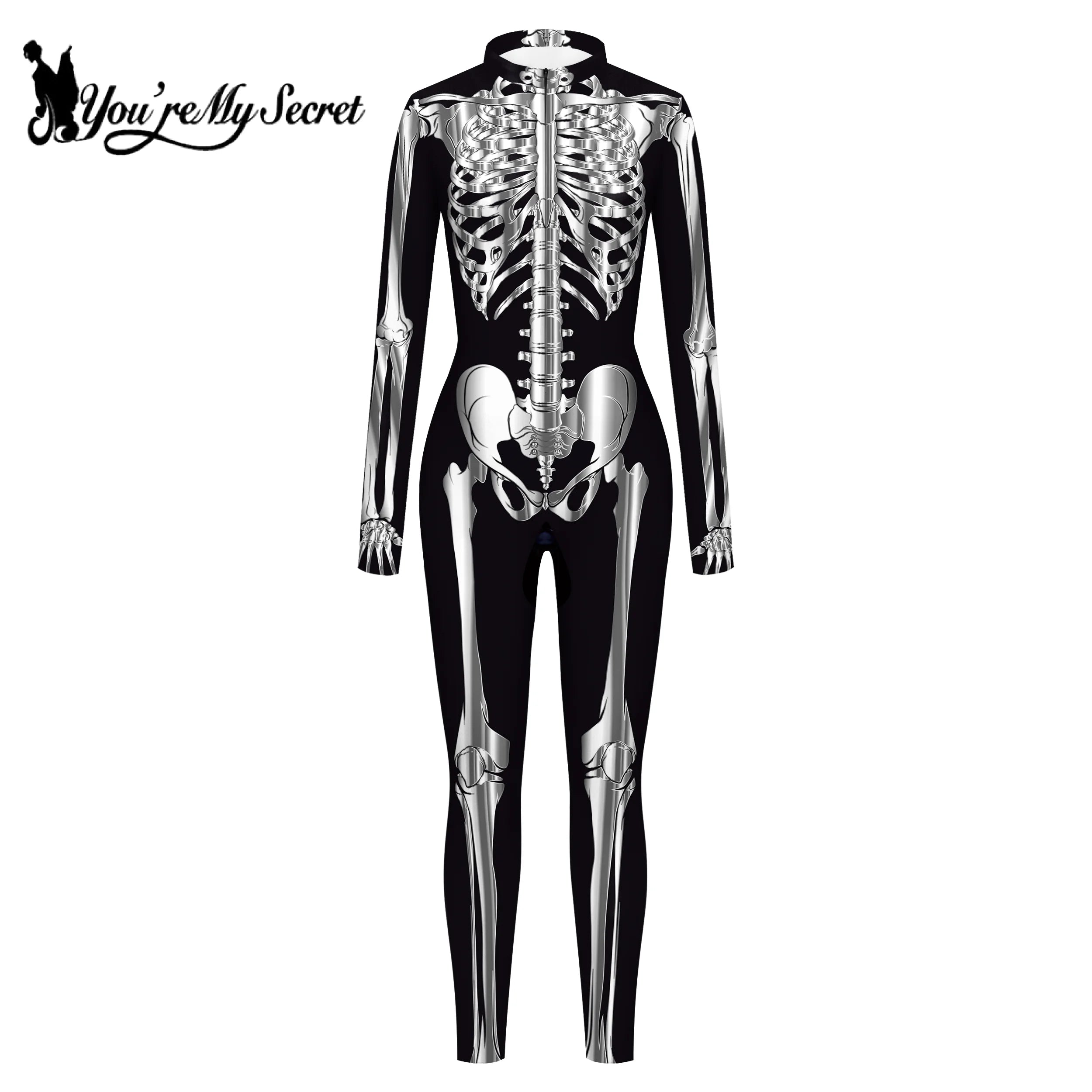 [You're My Secret]Halloween Cosplay Costumes For Women Skeleton Printed Long Sleeve Bodysuits Slim Elastic Fancy Outfits Catsuit