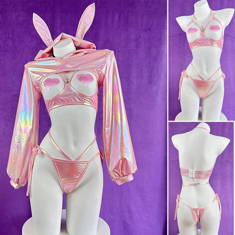 Anime Bunny Girl Cosplay Costume Women Laser Leather Sexy Lingerie Rabbit Maid Uniform Underwear Suit Halloween Carnival Clothes