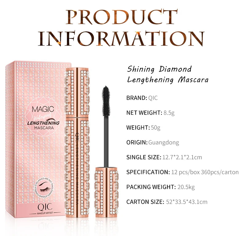 QIC Fashion Diamond 4D Mascara Waterproof Eye Make-up Cosmetics Peanut Silicone Brush Lengthening Curl Lashes Fast Dry