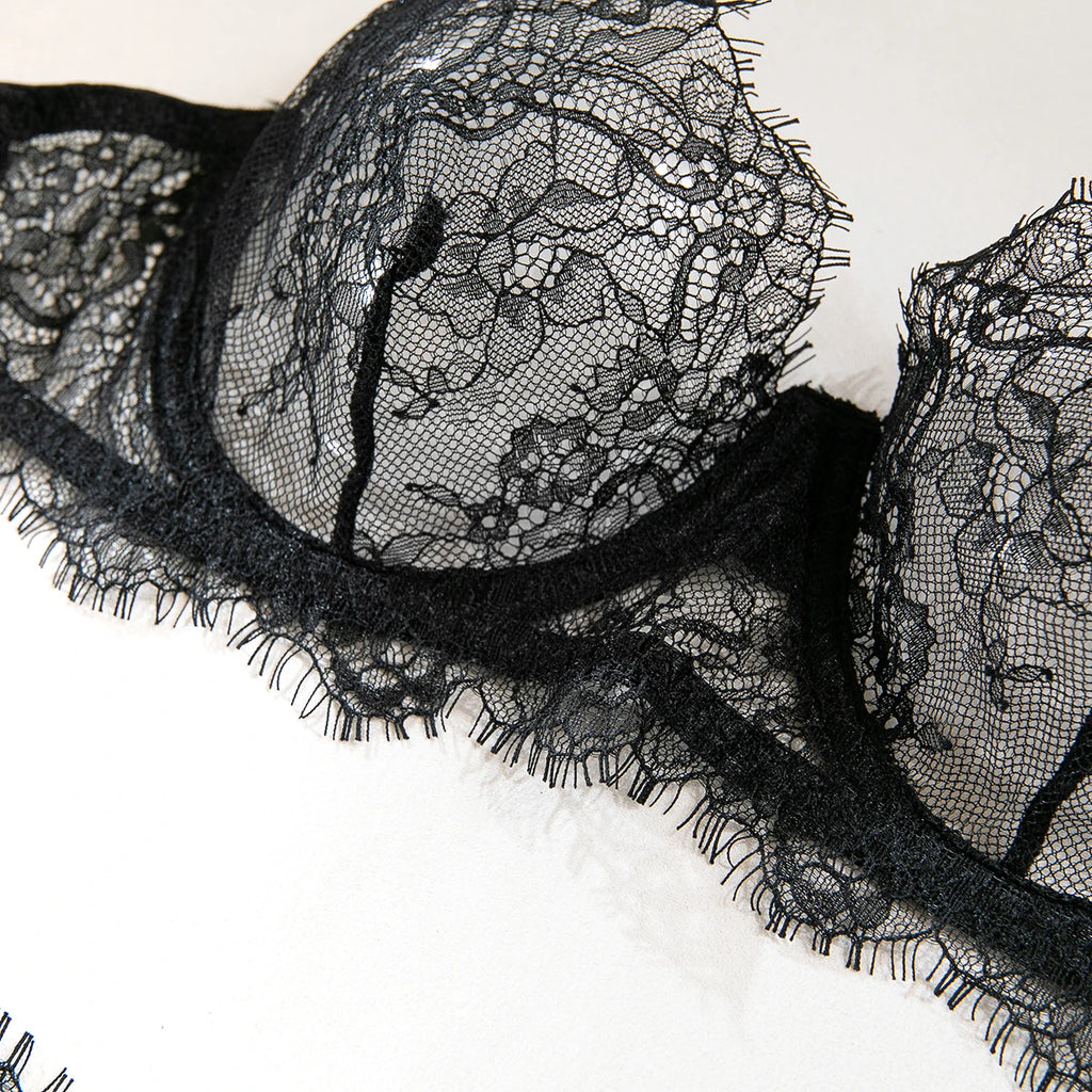 Erotic Lingerie Bra and Panties Set Basic Sexy Sheer Lace Eyelash Unline One Layer Lace Lingerie Women Underwear Intimate