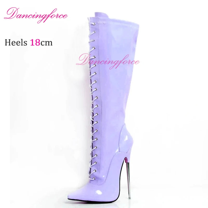Pointy Toe Fetish Knee High Boots Women 18cm Extreme High Sexy Fetish Metal Heels Stiletto Sexy Nightclub Party Boots