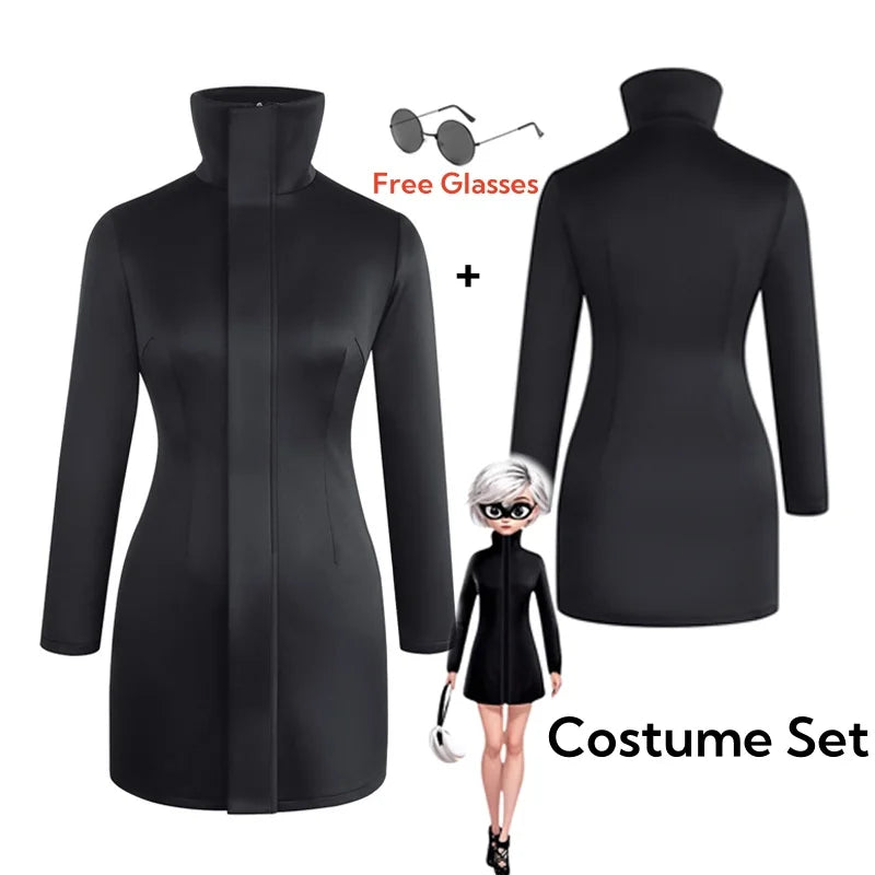 Women Gojo Satoru Bodycon Dress Cosplay Costume with Glasses Set for Girl Cosplay Stretchy Fabric Black Sexy Dress Halloween
