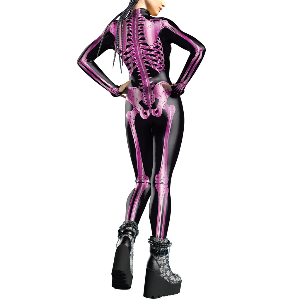 [You're My Secret]Halloween Cosplay Costumes For Women Skeleton Printed Long Sleeve Bodysuits Slim Elastic Fancy Outfits Catsuit