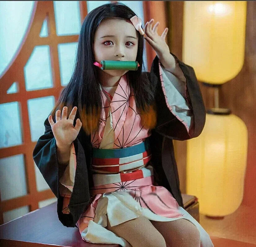Anime Demon Slayer Kamado Nezuko Cosplay Costume Kimono Kimetsu No Yaiba Cosplay Wigs Hairs Halloween Carnival Women Outfit
