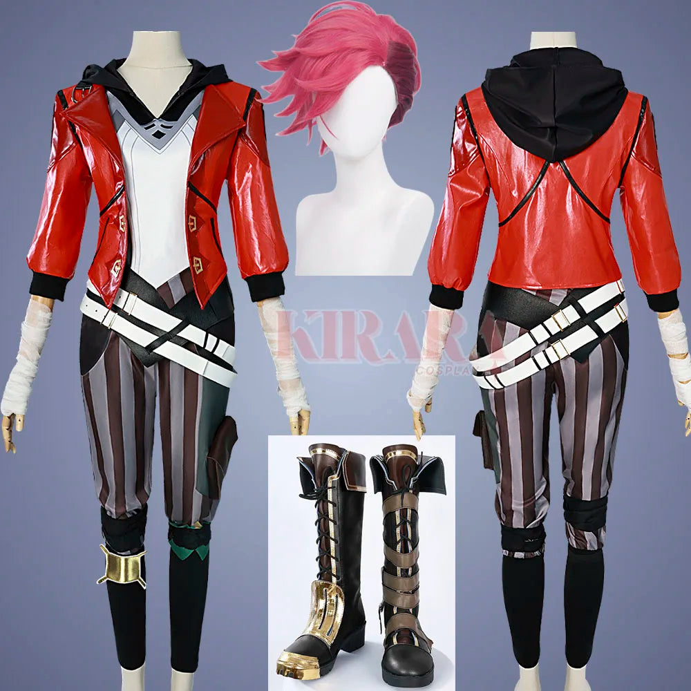 Vi Acrane Cosplay Costume Game Arcane Vi Red Wig Leather Jacket Halloween Carnival Outfits Vi Shoes Boots