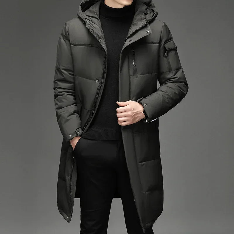 New Fashion Men 90% White Duck Down Hooded Jackets Men's Winter Thick Warm Waterproof Parka Overcoat Down Jackets Long Parka 5XL