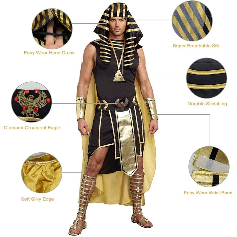 Men Egyptian Costume Set 7 Pcs Golden Trim Tank Tops Skirt Arm Sleeves Headwear Necklace Halloween Cosplay Outfits
