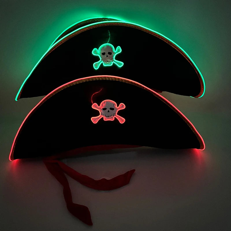 LED Pirate Hat Pirate Theme Holiday Cosplay Pirate Costume Decorations Glowing Captain Hat Colonial Tricorn Hat Woman Skull Hat