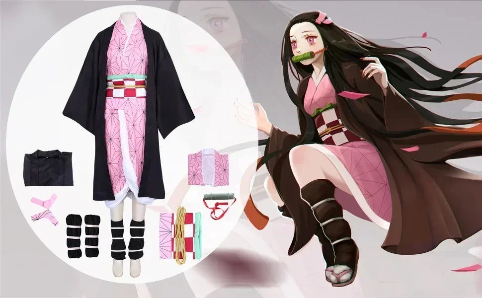 Anime Cosplay Kimetsu No Yaiba Kamado Nezuko Costume Kimono Demon Slayer Cosplay Wigs Hairs Halloween Carnival Women Outfit