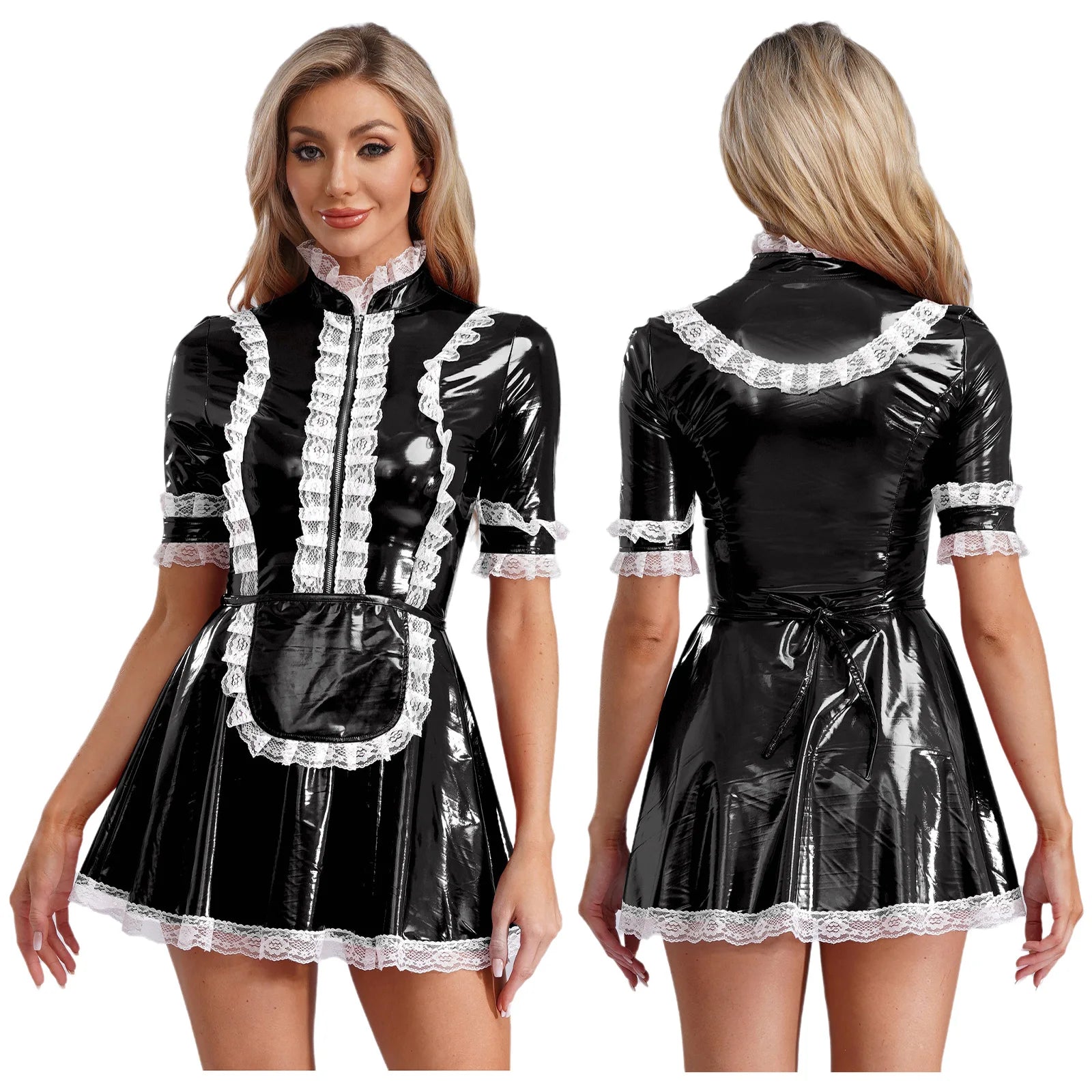 Women PVC Leather A-Line Servants Maid Dress Maid Cosplay Costume Role Play Maid Uniform Temptation Anime Cosplay Party Costume