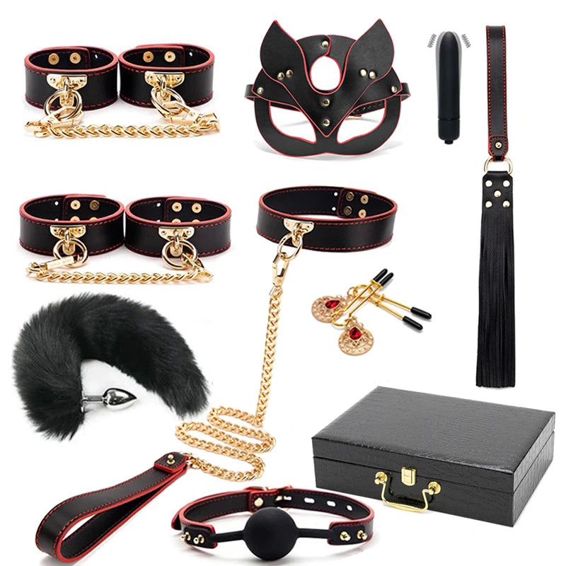 Erotic Bed Bondage Kits Slave Restraint Bondage Set Genuine leather Collar Mouth Gag Whips Handcuffs Adult Sex Toys For Couples